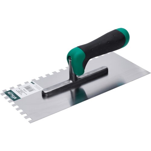 Na zdjęciu znajduje się stalowa paca z czarno-zielonym uchwytem, ząbkowaną krawędzią i etykietą z napisem "STALCO". Produkt ma wymiary 28 x 13 cm.