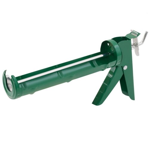 Zielony wyciskacz do mas, wykonany z metalu, z widocznym mechanizmem spustowym i uchwytem. Produkt ma cylindryczny kształt z miejscem na tubę oraz metalowy pręt do wyciskania zawartości.