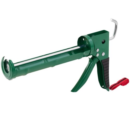 Zielony wyciskacz do mas, wykonany z metalu, z czarnym uchwytem i czerwonym elementem na końcu. Produkt posiada mechanizm spustowy oraz metalowy hak do zawieszania.