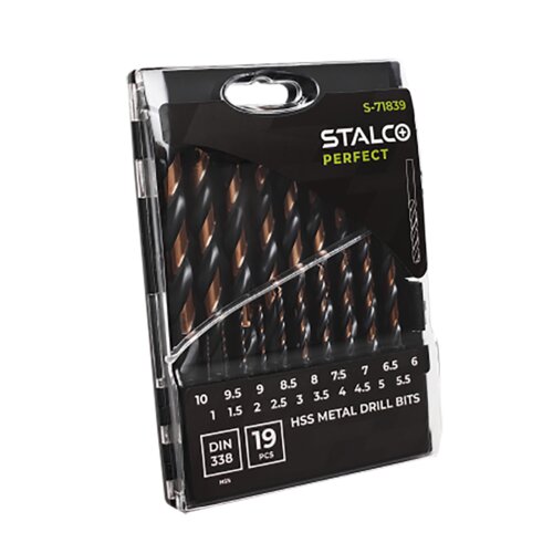 Przezroczyste opakowanie zawiera zestaw 19 wierteł do metalu, oznaczonych jako HSS METAL DRILL BITS, z rozmiarami od 1 do 10 mm. Na opakowaniu widnieje logo "STALCO PERFECT" oraz numer S-71839.