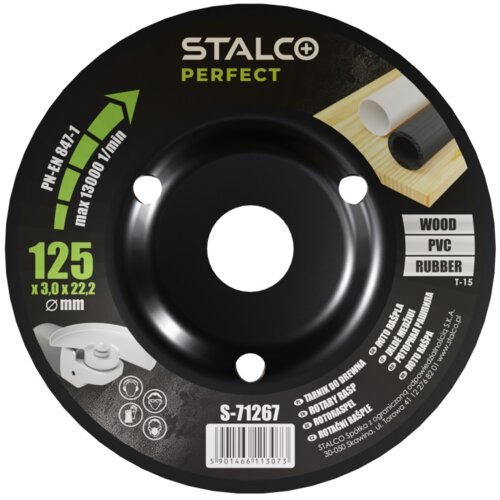 Czarna tarcza z centralnym otworem, oznaczona jako "STALCO PERFECT", z napisem "125 x 3,0 x 22,2 mm" oraz kodem "S-71267". Widoczne są również napisy: "WOOD", "PVC", "RUBBER", a także kod kreskowy i informacje o maksymalnej prędkości obrotowej "max 13000 