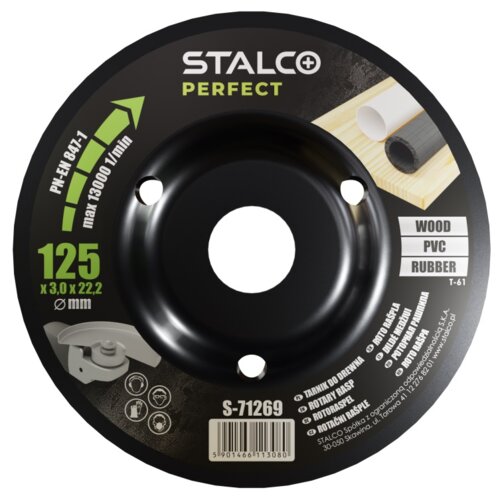 Czarna tarcza z centralnym otworem, oznaczona jako "STALCO PERFECT", z napisem "125 x 3,0 x 22,2 mm" oraz "max 13000 1/min". Widoczne są również napisy "WOOD", "PVC", "RUBBER", kod kreskowy oraz numer "S-71269".