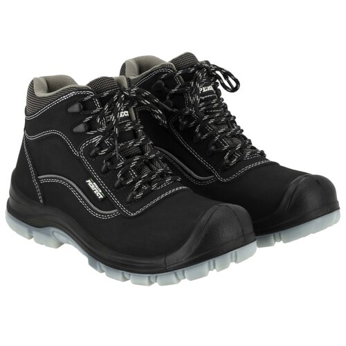 Czarne buty robocze z szarymi podeszwami i sznurowadłami, z widocznym napisem "PERFECT" na języku oraz boku. Wnętrze butów jest wyściełane materiałem w szarym kolorze.