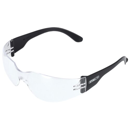 Przezroczyste okulary ochronne z czarnymi zausznikami, na których widnieje logo "STALCO". Okulary mają opływowy kształt i są wykonane z przezroczystego materiału.