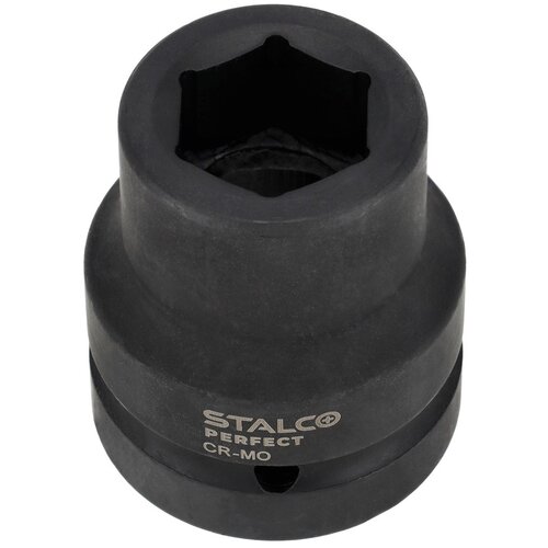 Czarna nasadka udarowa z widocznym sześciokątnym otworem na górze, na której znajduje się napis "STALCO PERFECT CR-MO". Produkt ma solidną, metalową konstrukcję i gładką powierzchnię.