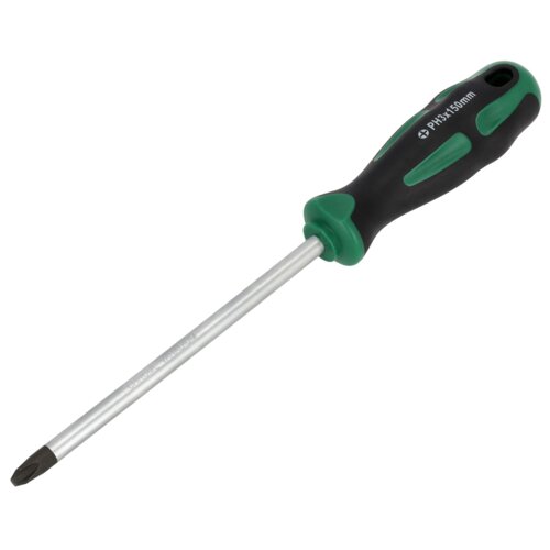 Na zdjęciu znajduje się wkrętak z czarno-zieloną rączką i metalowym trzonkiem. Na rączce widoczny jest napis "PH3x150mm".