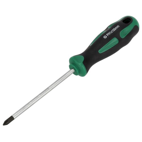 Na zdjęciu znajduje się wkrętak z czarno-zieloną rączką i metalowym trzonkiem. Na rączce widoczny jest napis "PH1x100mm", a na trzonku "CHROME VANADIUM".