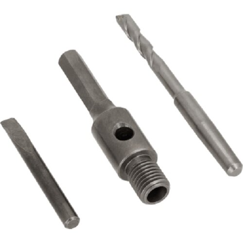 Na zdjęciu widoczny jest metalowy adapter do otwornic z trzema elementami: wiertłem, trzpieniem i adapterem z gwintem. Produkt jest wykonany z metalu i ma gładką, srebrzystą powierzchnię.