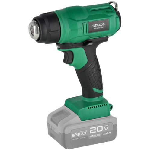 Zielono-czarna opalarka z logo "STALCO" i oznaczeniem "HGS20-550" na korpusie, wyposażona w szary akumulator z napisem "S-VOLT LITHIUMION BATTERY SYSTEM 20V MAX STALCO 4Ah". Produkt ma ergonomiczny uchwyt z teksturowaną powierzchnią.