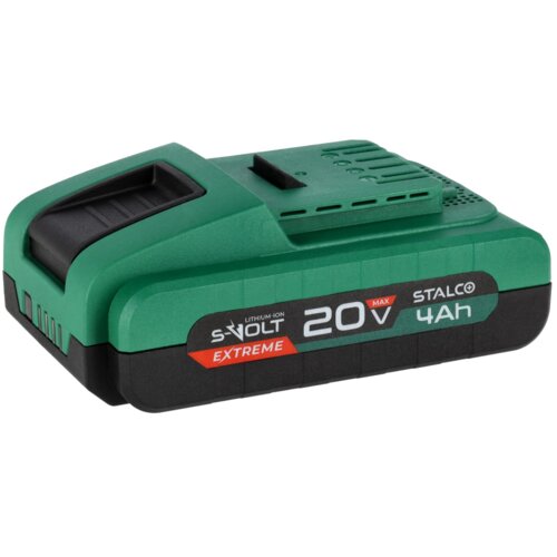 Zielony akumulator z czarnymi i czerwonymi elementami, z widocznymi napisami: "LITHIUM-ION", "S-VOLT EXTREME", "20V MAX", "STALCO", "4Ah". Produkt ma prostokątny kształt z zaokrąglonymi krawędziami.