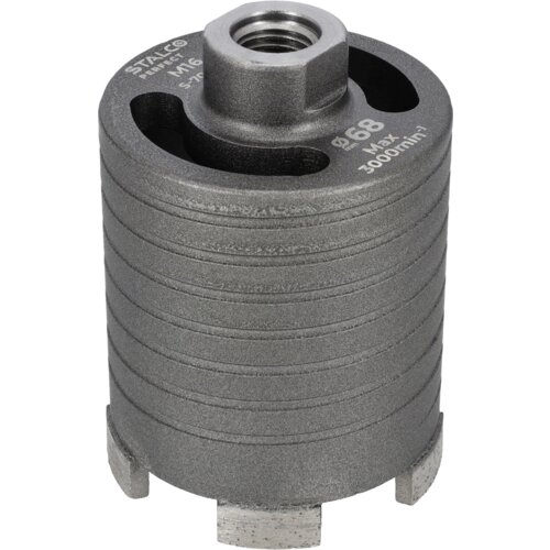 Na zdjęciu znajduje się metalowa otwornica z widocznymi napisami: "STALCO PERFECT", "M16", "S-70805", "Ø68", "Max 3000 min-1". Produkt ma cylindryczny kształt z rowkami i otworami na powierzchni.
