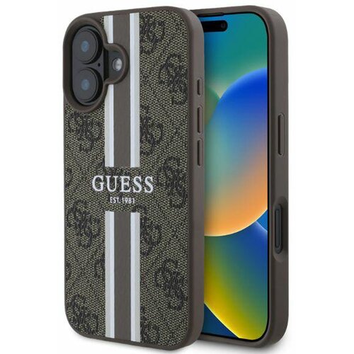Etui GUESS 4G Printed Stripes MagSafe do Apple iPhone 16 Brązowy