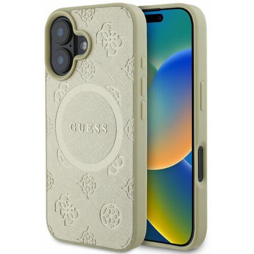 Etui GUESS Saffiano Peony Classic Logo MagSafe do Apple iPhone 16 Złoty