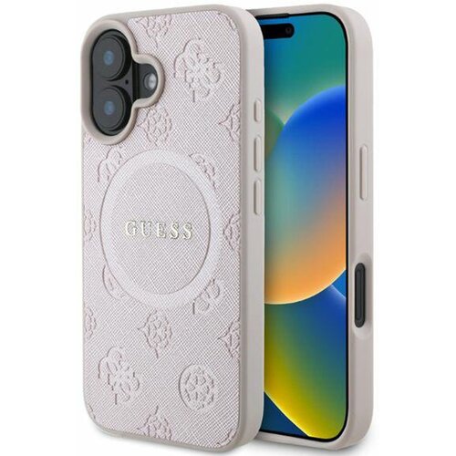 Etui GUESS Saffiano Peony Classic Logo MagSafe do Apple iPhone 16 Różowy