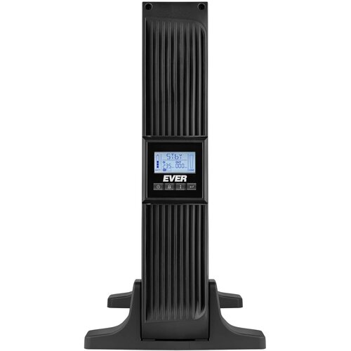 Czarny zasilacz UPS z pionowymi żebrowaniami na obudowie, wyposażony w wyświetlacz LCD pokazujący parametry pracy, takie jak "STBY" oraz wartości "235.0V" i "0.0A". Poniżej wyświetlacza znajduje się logo "EVER" oraz trzy przyciski funkcyjne.