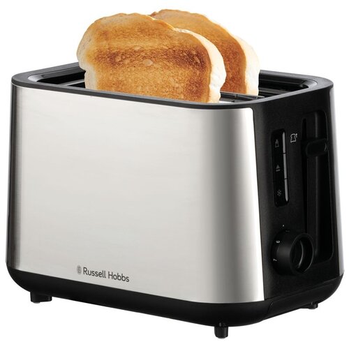 Na zdjęciu widoczny jest toster z dwoma kromkami chleba, wykonany ze stali nierdzewnej z czarnymi elementami. Na obudowie znajduje się logo "Russell Hobbs", a po bokach widoczne są przyciski i pokrętło z oznaczeniami liczbowymi.