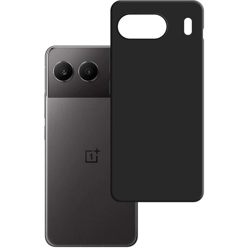 Czarne etui 3MK Matt Case do telefonu OnePlus Nord 4 jest umieszczone obok telefonu z widocznym logo "1+". Telefon ma dwa obiektywy aparatu na górze.