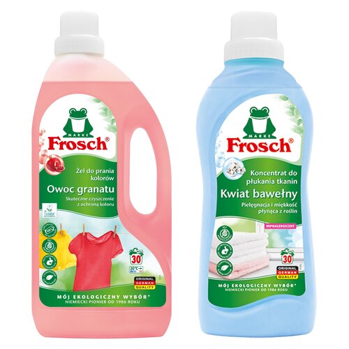 Koncentrat do płukania FROSCH Kwiat bawełny 750 ml + Żel do prania FROSCH Owoc granatu 1500 ml