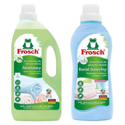 Koncentrat do płukania FROSCH Kwiat bawełny 750 ml + Żel do prania FROSCH Aloesowy 1500 ml