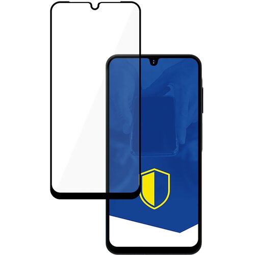 Na zdjęciu znajduje się szkło hartowane z czarną ramką, przeznaczone do telefonu Samsung Galaxy A16. Obok szkła widoczny jest telefon z niebieskim ekranem, na którym znajduje się żółta tarcza.