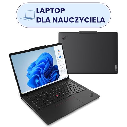 Na zdjęciu widoczny jest czarny laptop z otwartym ekranem, na którym wyświetlany jest niebieski motyw systemu Windows. Nad laptopem znajduje się napis "LAPTOP DLA NAUCZYCIELA" w niebieskiej ramce z ikoną laptopa.