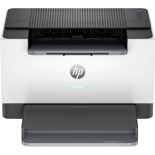 Biała drukarka z czarnymi elementami, na której widoczne jest logo "hp" oraz napis "HP LaserJet". Drukarka posiada otwarty podajnik papieru i panel z przyciskami.