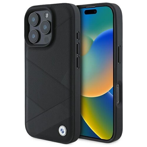 Etui BMW Sign Leather Crossing Lines Pattern do Apple iPhone 16 Pro Czarny