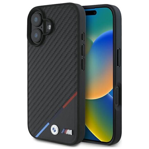 Etui BMW Carbon Tricolor Line MagSafe do Apple iPhone 16 Plus Czarny