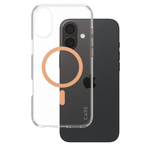 Przezroczyste etui z brzoskwiniowym akcentem w kształcie okręgu jest nałożone na ciemny telefon z logo w kształcie jabłka. Na boku telefonu widoczny jest napis "CARE".