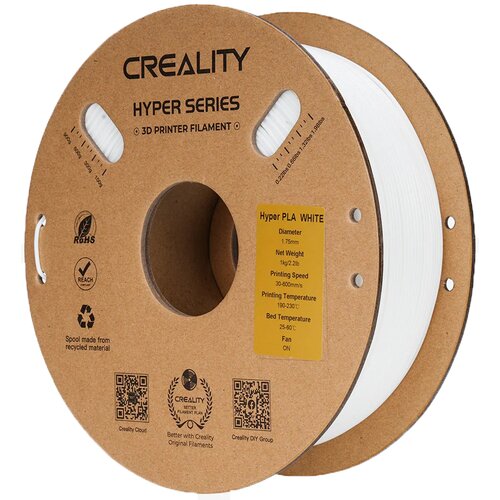 Szpula filamentu do drukarki 3D z serii CREALITY Hyper Series wykonana z materiału Hyper PLA w kolorze białym. Na etykiecie widnieje tekst: "Hyper PLA WHITE, Diameter 1.75mm, Net Weight 1kg/2.2lb, Printing Speed 30-600mm/s, Printing Temperature 190-230°C,