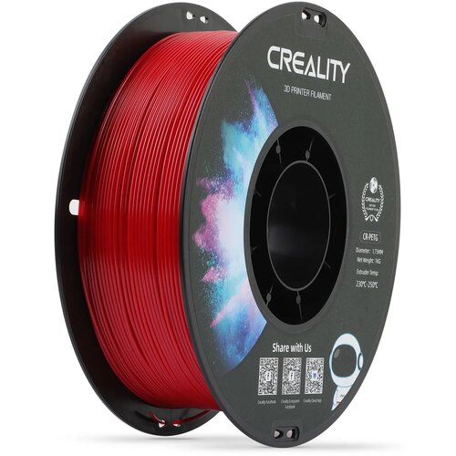 Na zdjęciu widoczna jest szpula czerwonego filamentu do drukarki 3D z napisem "CREALITY 3D PRINTER FILAMENT". Na etykiecie znajdują się informacje: "CR-PETG", "Diameter: 1.75MM", "Net Weight: 1KG", "Extruder Temp: 230°C-250°C", a także grafika z kolorowym