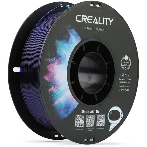 Zdjęcie przedstawia szpulę filamentu do drukarki 3D marki Creality, z napisem "CREALITY 3D PRINTER FILAMENT" na etykiecie. Na etykiecie widnieje również tekst: "CR-PETG, Diameter: 1.75MM, Net Weight: 1KG, Extruder Temp: 230℃-250℃", a także kolorowa grafik