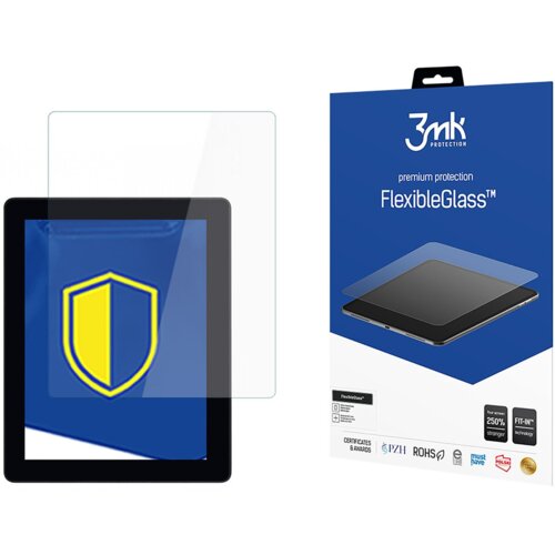 Opakowanie produktu "3mk Protection FlexibleGlass" przedstawia grafikę szkła ochronnego na ekranie urządzenia, a obok znajduje się przezroczysta tafla szkła. Na opakowaniu widnieje napis "premium protection FlexibleGlass™" oraz kilka certyfikatów i nagród