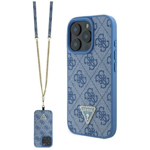 Etui GUESS Leather Metal Logo Strass Crossbody do Apple iPhone 16 Pro Niebieski