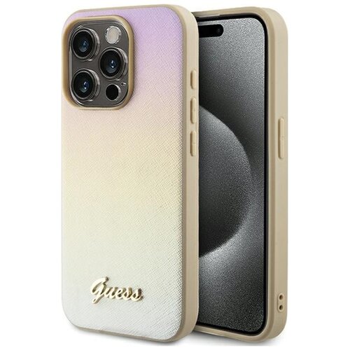 Etui GUESS Saffiano Iridescent Script do Apple iPhone 14 Pro Złoty