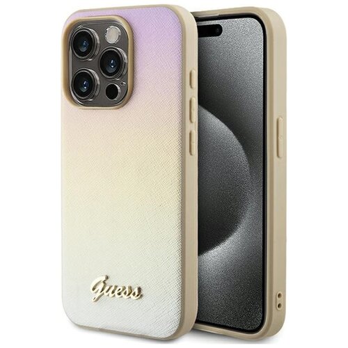 Etui GUESS Saffiano Iridescent Script do Apple iPhone 15 Pro Złoty