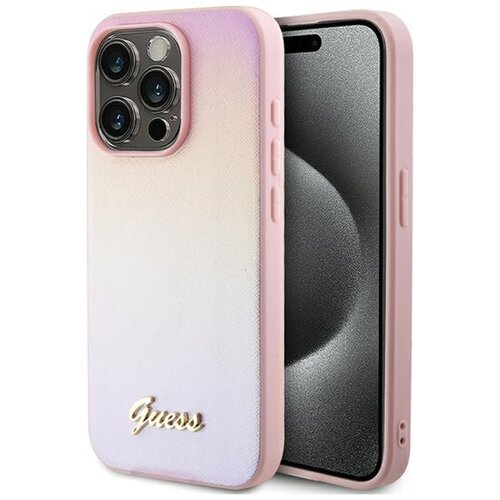 Etui GUESS Saffiano Iridescent Script do Apple iPhone 15 Pro Różowy