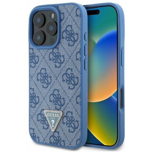 Etui GUESS Leather 4G Triangle Strass do Apple iPhone 16 Pro Niebieski