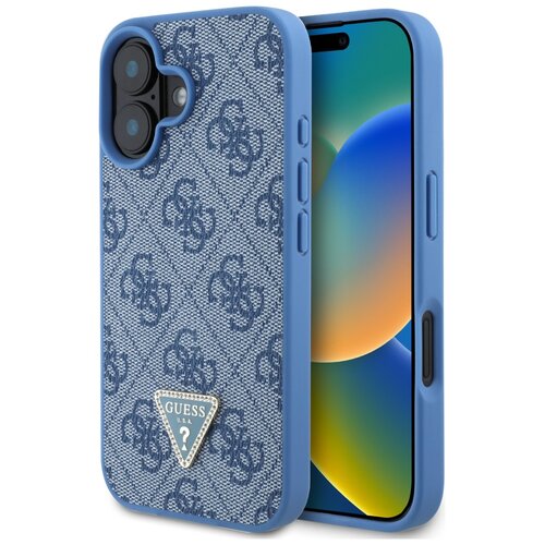 Etui GUESS Leather 4G Triangle Strass MagSafe do Apple iPhone 16 Niebieski