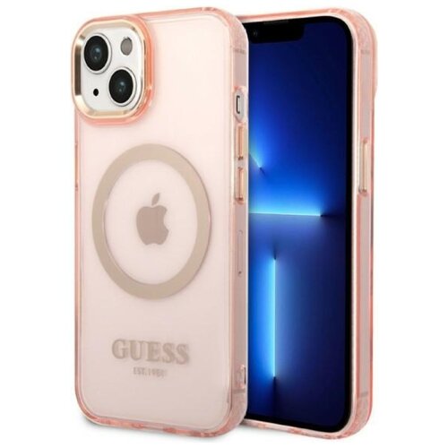 Etui GUESS Gold Outline Translucent MagSafe do Apple iPhone 14 Różowy