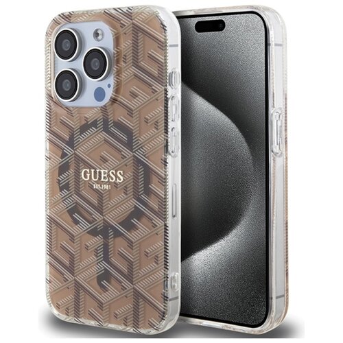 Brązowe etui na telefon z geometrycznym wzorem i przezroczystymi krawędziami, na którym widnieje napis "GUESS EST. 1981". Obok etui znajduje się telefon z czarnym ekranem.