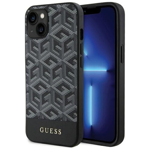 Czarne etui na telefon z geometrycznym wzorem w kształcie sześcianów, na którym widnieje napis "GUESS" w dolnej części. Obok etui znajduje się telefon z wyświetlaczem pokazującym niebieski wzór świetlny.