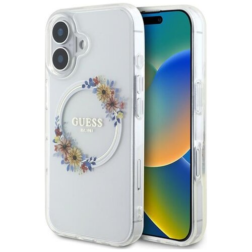 Etui GUESS IML Flowers Wreath MagSafe do Apple iPhone 16 Przezroczysty