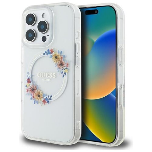 Etui GUESS IML Flowers Wreath MagSafe do Apple iPhone 16 Pro Przezroczysty