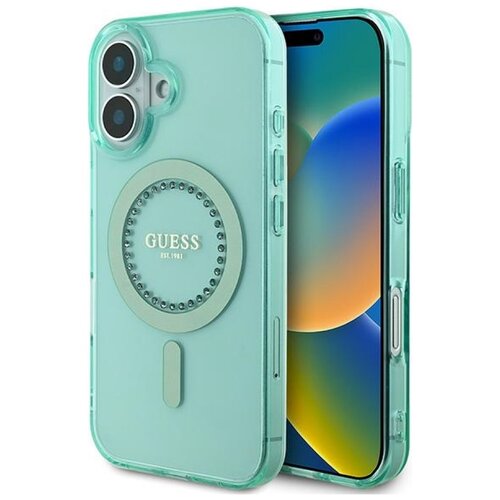 Etui GUESS IML Rhinestones MagSafe do Apple iPhone 16 Plus Zielony