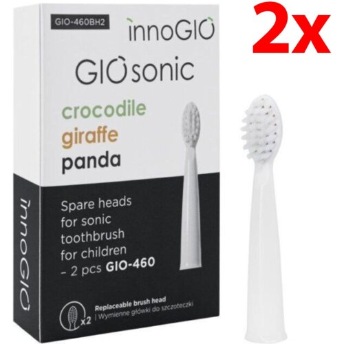 Pudełko z napisem "innoGIO GIOsonic" oraz "crocodile giraffe panda" zawiera ilustrację końcówki do szczoteczki, a obok znajduje się biała końcówka do szczoteczki. Na pudełku widnieje tekst: "Spare heads for sonic toothbrush for children – 2 pcs GIO-460" o