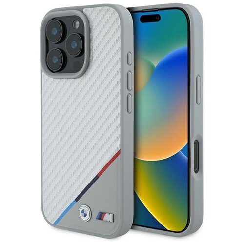 Etui BMW M Carbon Tricolor Line MagSafe do Apple iPhone 16 Pro Szary