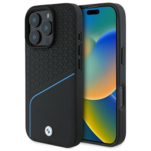 Czarne etui na telefon z teksturowaną powierzchnią i niebieską linią, przeznaczone dla modelu Apple iPhone 16 Pro. Na dole etui widoczne jest okrągłe logo z niebieskim akcentem.