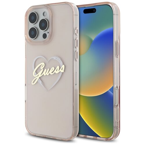 Różowe etui na telefon z przezroczystymi krawędziami, ozdobione białym sercem i napisem "Guess" na tylnej części. Obok etui znajduje się telefon z kolorowym ekranem.
