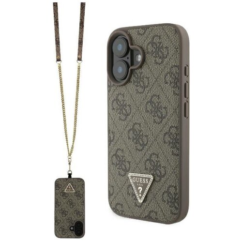 Etui GUESS Leather Metal Logo Strass Crossbody do Apple iPhone 16 Brązowy